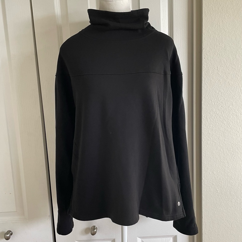 Apana Cowl Neck Pullover Sweater Women’s L Black Pockets Side Slit Cozy Winter